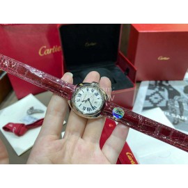 Cartier Classic Roman Numeral Dial Leather Strap Watch Wine Red