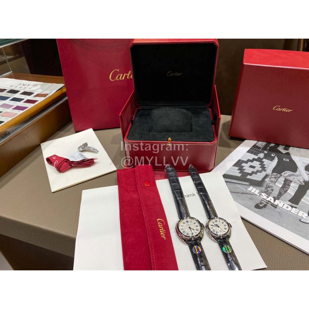 Cartier Classic Roman Numeral Dial Leather Strap Watch Black