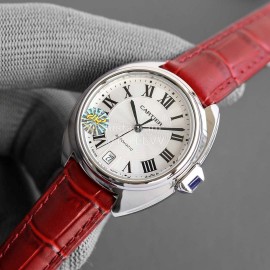 Cartier Classic Black Roman Numeral Dial Leather Strap Watch