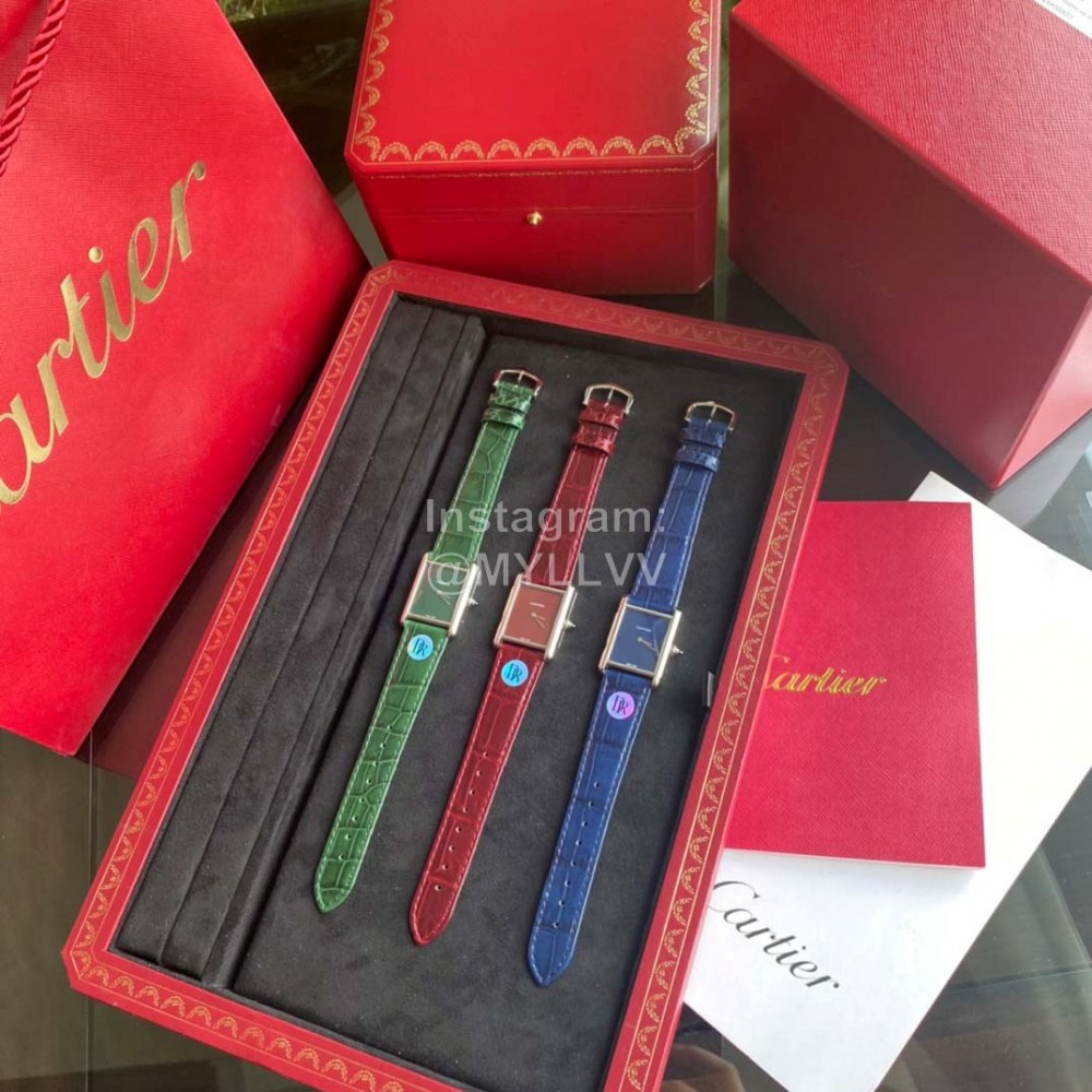 Cartier Tank Must Square Dial Leather Strap Watch Wine Red