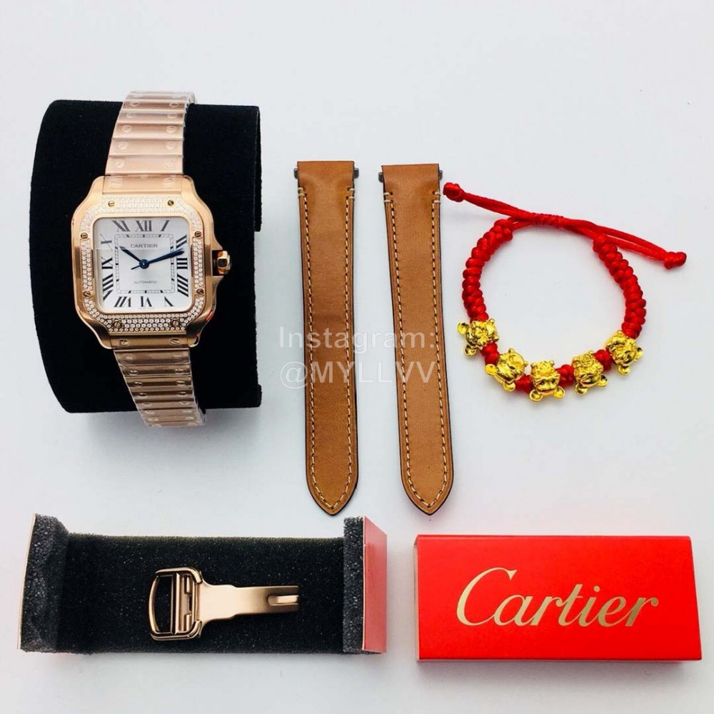 Santos De Cartier Bv Factory Diamond Square Dial Watch Rose Gold