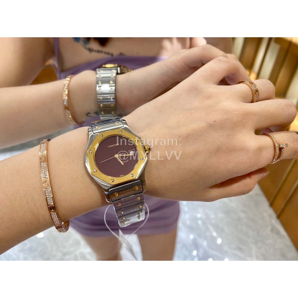 Vintage Cartier Santons Octagon Large Steel Strap Watch Wine Red