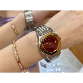 Vintage Cartier Santons Octagon Large Steel Strap Watch Wine Red