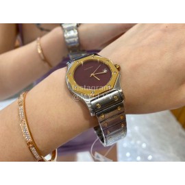 Vintage Cartier Santons Octagon Large Steel Strap Watch Wine Red