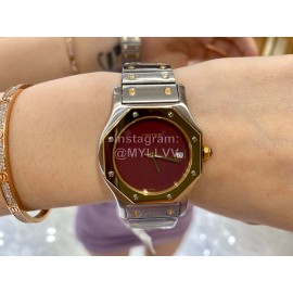 Vintage Cartier Santons Octagon Large Steel Strap Watch Wine Red