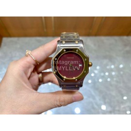 Vintage Cartier Santons Octagon Large Steel Strap Watch Wine Red