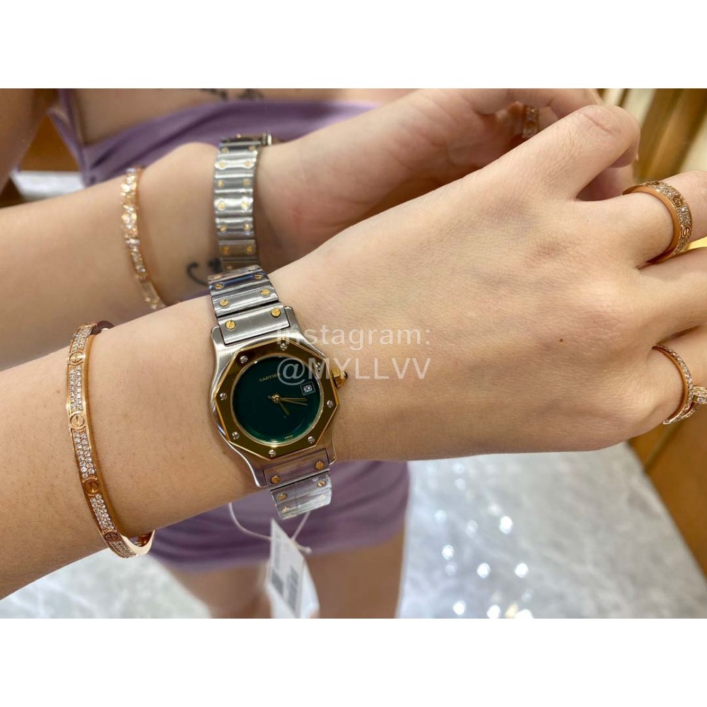 Vintage Cartier Santons Octagon Small Steel Strap Watch Green