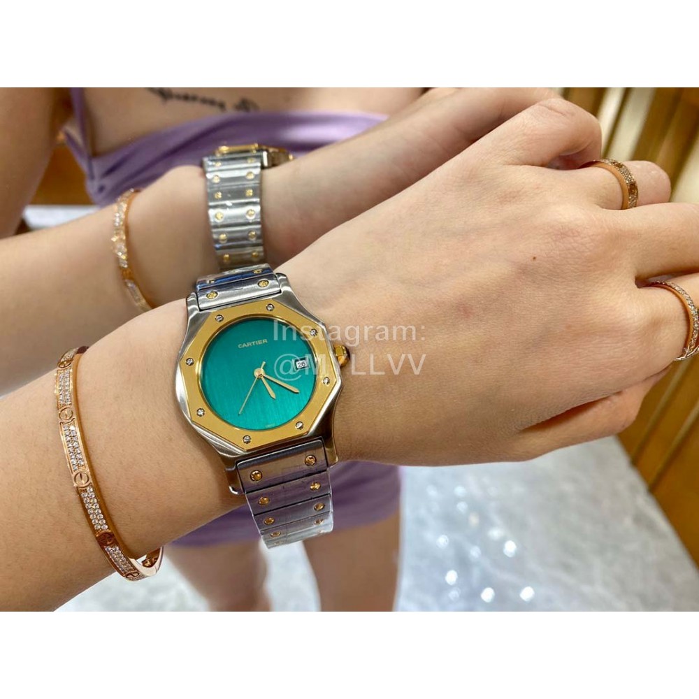 Vintage Cartier Santons Octagon Large Steel Strap Watch Green