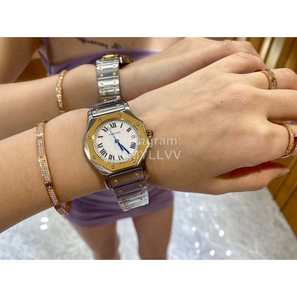 Vintage Cartier Santons Octagon Large Steel Strap Watch White