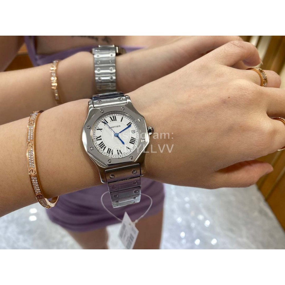 Vintage Cartier Santons Octagon Large Steel Strap Watch 