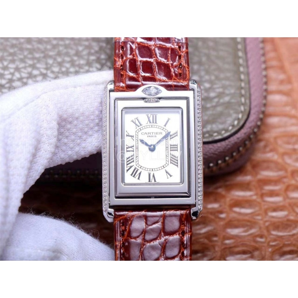 Cartier Square Dial Leather Strap Watch Reddish Brown