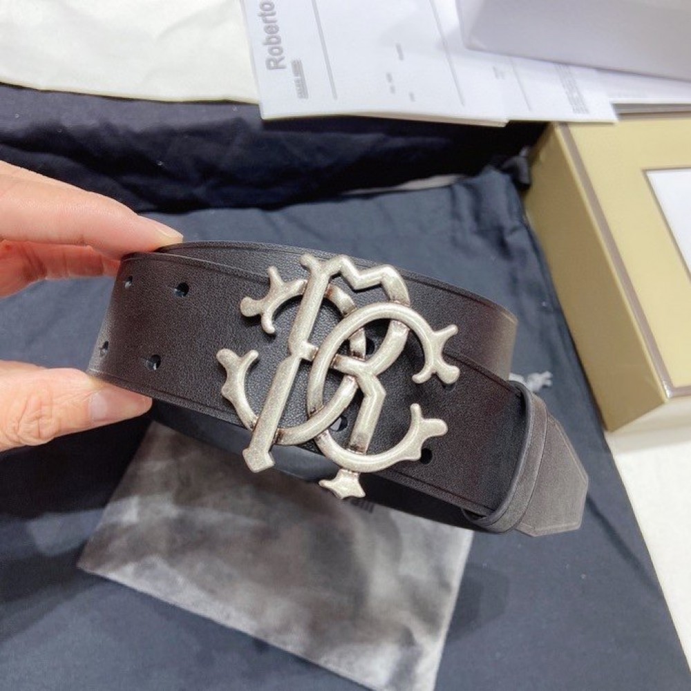 Cavalli Black Leather Silver Buckle Belts