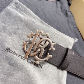 Cavalli Black Leather Silver Buckle Belts