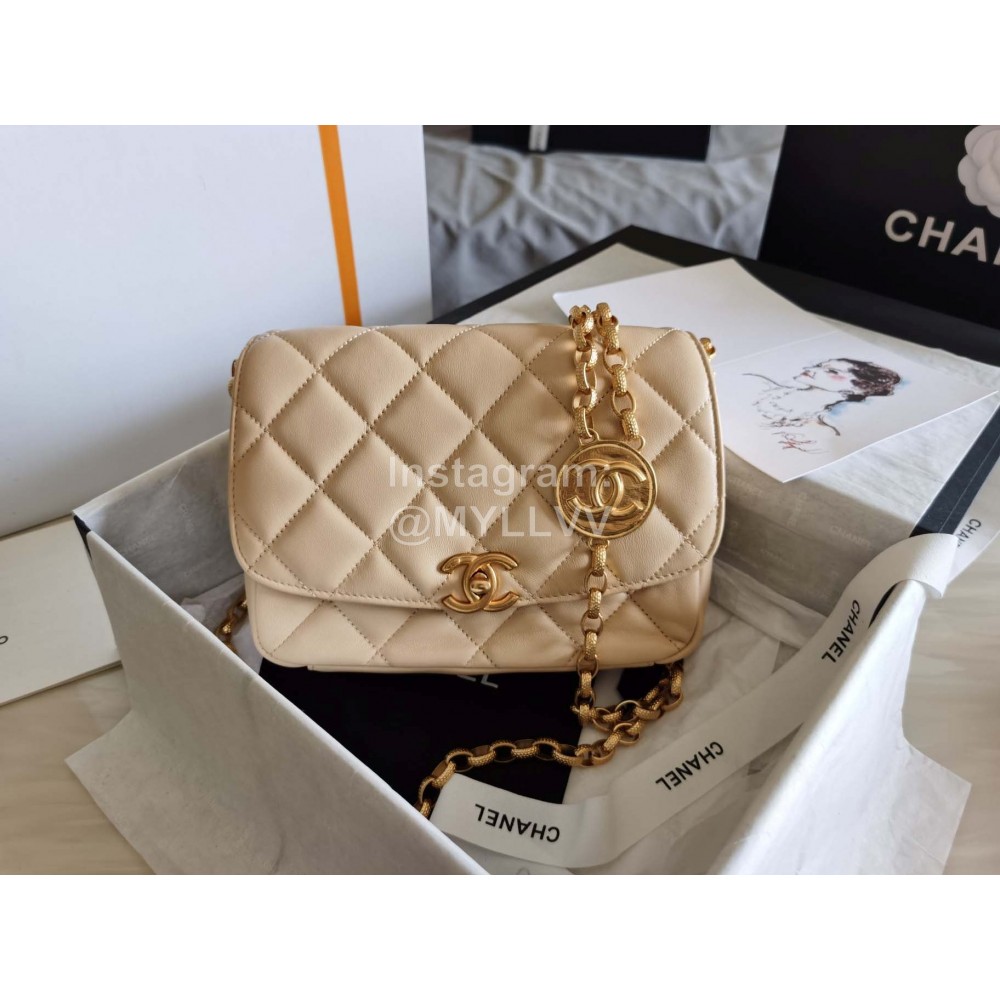 Chanel Autumn Winter Leather Chain Classic Flap Bag Beige