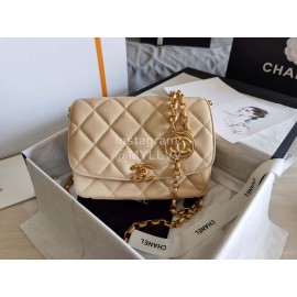 Chanel Autumn Winter Leather Chain Classic Flap Bag Beige