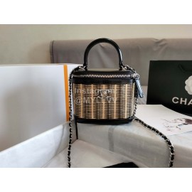 Chanel Bamboo Woven Sheepskin Box Cosmetic Bag Black