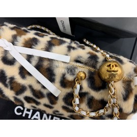 Chanel Winter Soft Leopard Print Fur Chain Crossbody Bag Khaki