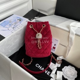 Chanel Winter New Plaid Velvet Chain Crossbody Bucket Bag Red