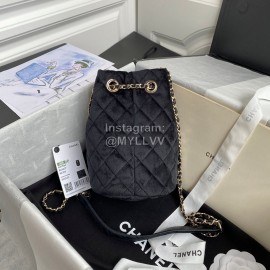 Chanel Winter New Plaid Velvet Chain Crossbody Bucket Bag Black