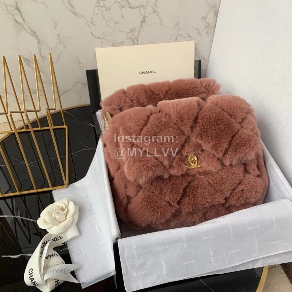 Chanel Winter Large Soft Rabbit Hair Chain Crossbody Bag Brown As2240