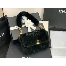 Chanel Winter Soft Rabbit Hair Chain Shoulder Flap Bag Black As2240