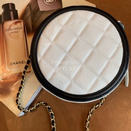 Chanel White Plaid Leather Chain Crossbody Round Bag 