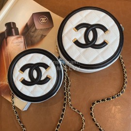 Chanel White Plaid Leather Chain Crossbody Round Bag 