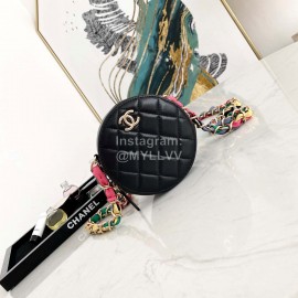 Chanel Black Plaid Leather Chain Crossbody Round Bag 