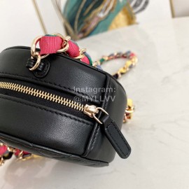 Chanel Black Plaid Leather Chain Crossbody Round Bag 