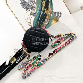 Chanel Black Plaid Leather Chain Crossbody Round Bag 