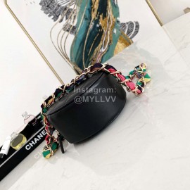 Chanel Black Plaid Leather Chain Crossbody Round Bag 