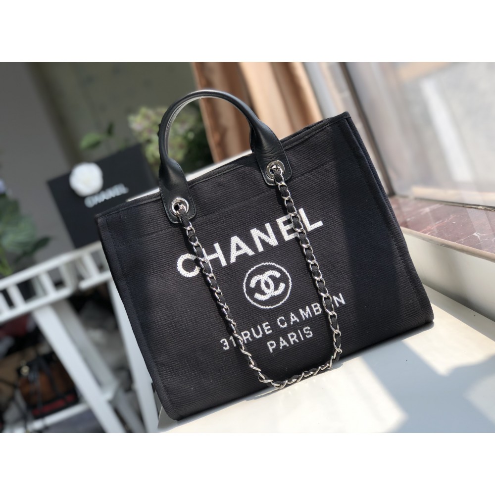 Chanel Black Denim Canvas Shopping Bag Chain Shoulder Bag For Women 
