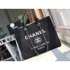 Chanel Black Denim Canvas Shopping Bag Chain Shoulder Bag For Women 