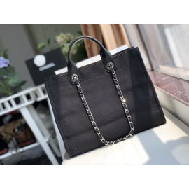 Chanel Black Denim Canvas Shopping Bag Chain Shoulder Bag For Women 
