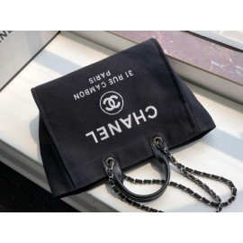 Chanel Black Denim Canvas Shopping Bag Chain Shoulder Bag For Women 