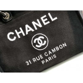 Chanel Black Denim Canvas Shopping Bag Chain Shoulder Bag For Women 
