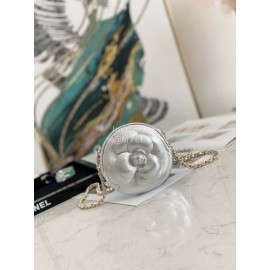 Chanel Camellia Round Chain Crossbody Bag Silver 82121
