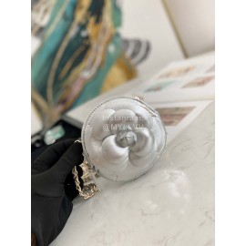 Chanel Camellia Round Chain Crossbody Bag Silver 82121