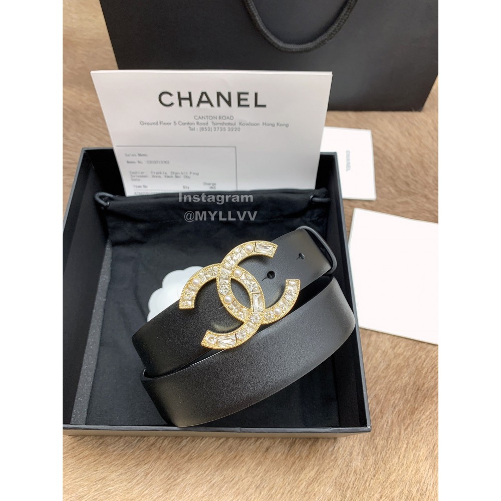 Chanel Fashion Black Calf Leather Diamond Buckle 30mm Belts For Women