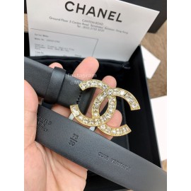 Chanel Fashion Black Calf Leather Diamond Buckle 30mm Belts For Women