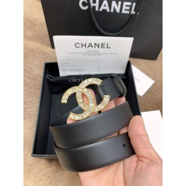 Chanel Fashion Black Calf Leather Diamond Buckle 30mm Belts For Women