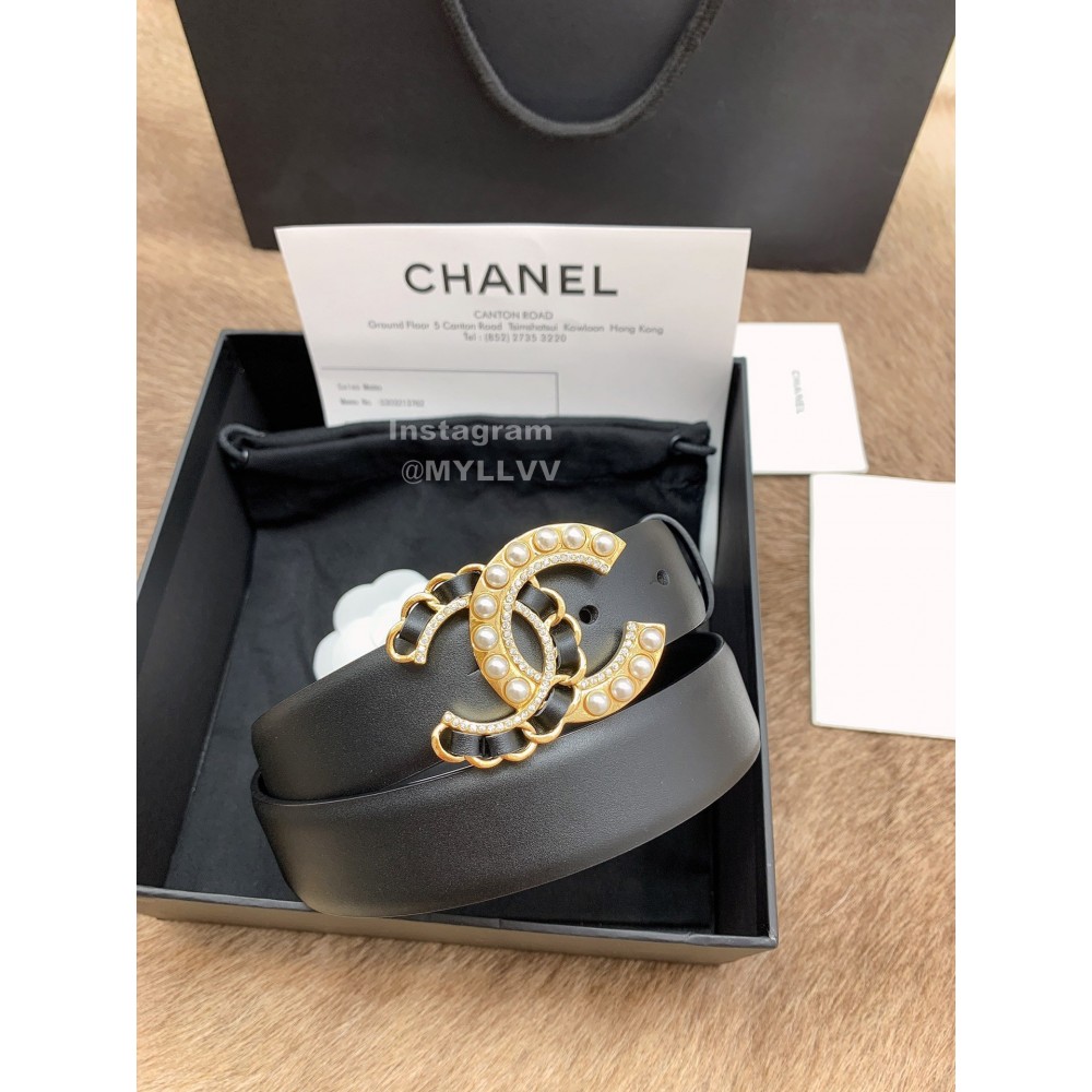 Chanel Fashion Black Calf Leather Pearl Buckle 30mm Belts For Women 