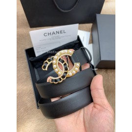 Chanel Fashion Black Calf Leather Pearl Buckle 30mm Belts For Women 