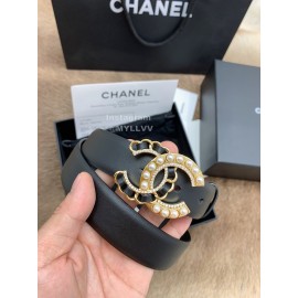 Chanel Fashion Black Calf Leather Pearl Buckle 30mm Belts For Women 