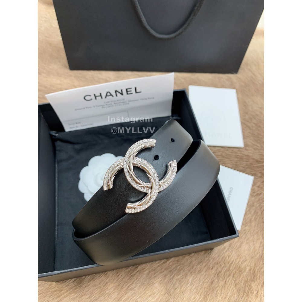 Chanel New Calf Leather Diamond Silver Buckle 30mm Belts For Women Black