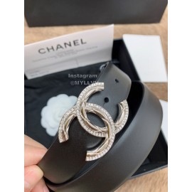 Chanel New Calf Leather Diamond Silver Buckle 30mm Belts For Women Black