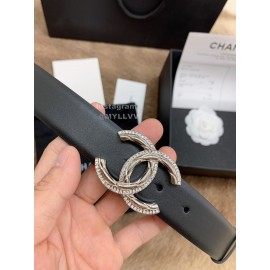 Chanel New Calf Leather Diamond Silver Buckle 30mm Belts For Women Black