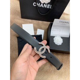 Chanel New Calf Leather Diamond Silver Buckle 30mm Belts For Women Black