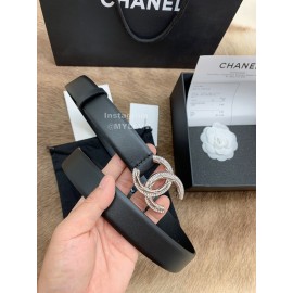 Chanel New Calf Leather Diamond Silver Buckle 30mm Belts For Women Black