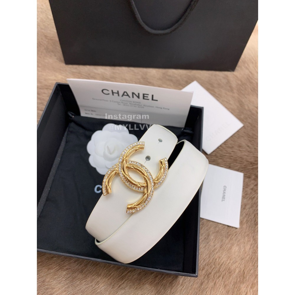 Chanel New Calf Leather Diamond Buckle 30mm Belts For Women White
